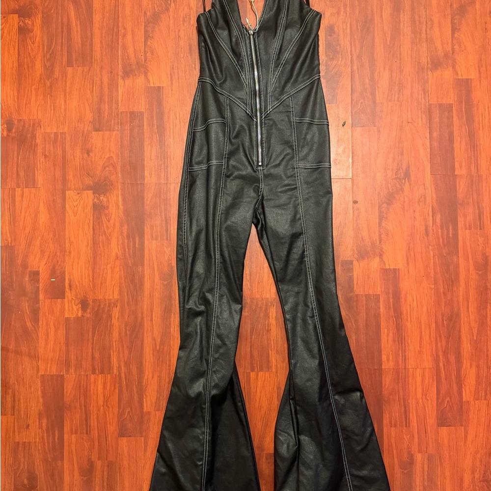 Black Women's Pleather Jumpsuit
